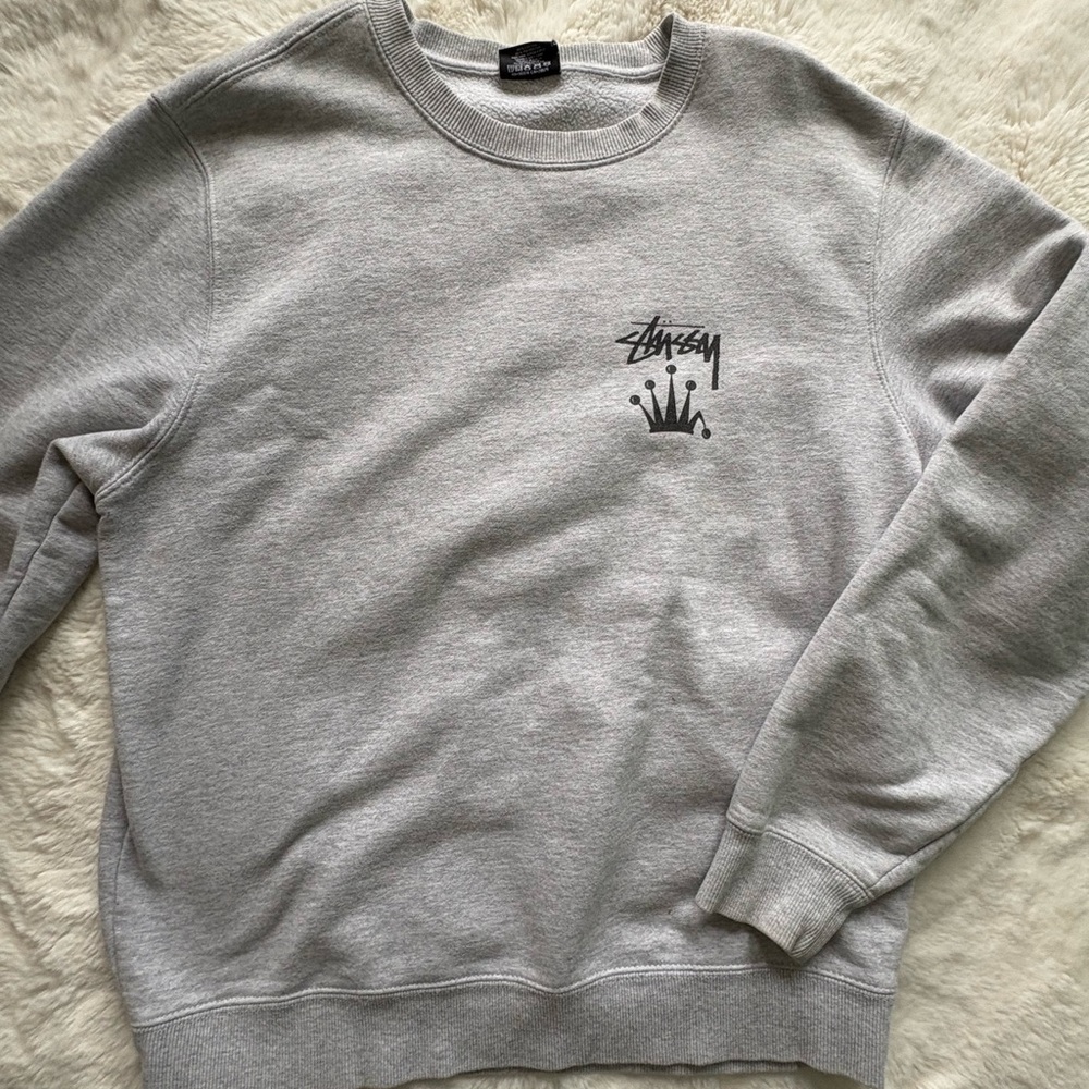 Stussy Light Gray Crewneck Sweatshirt with Crown Logo